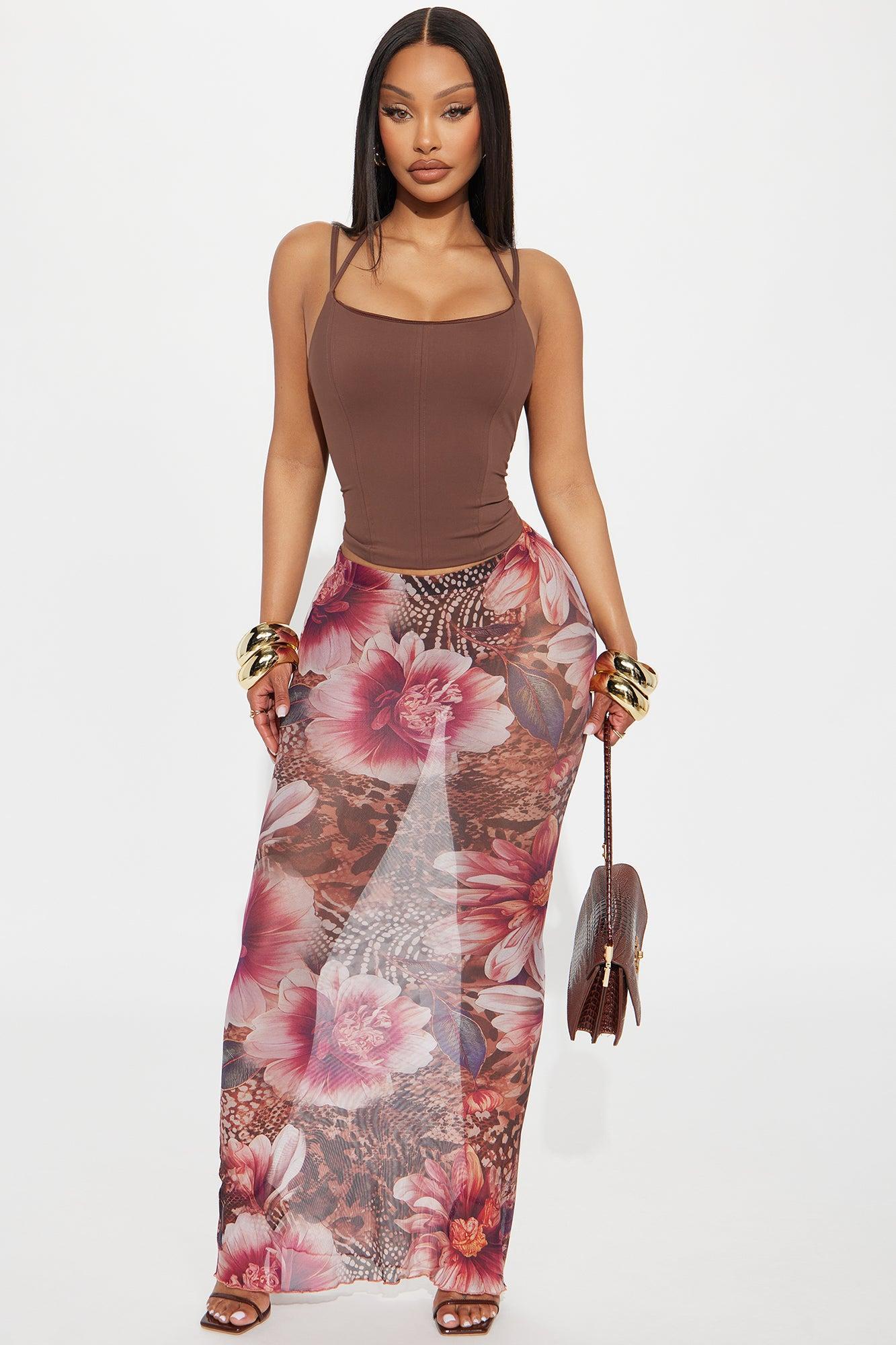 Feeling Some Type Of Way Floral Print Mesh Maxi Skirt - Brown/combo Product Image
