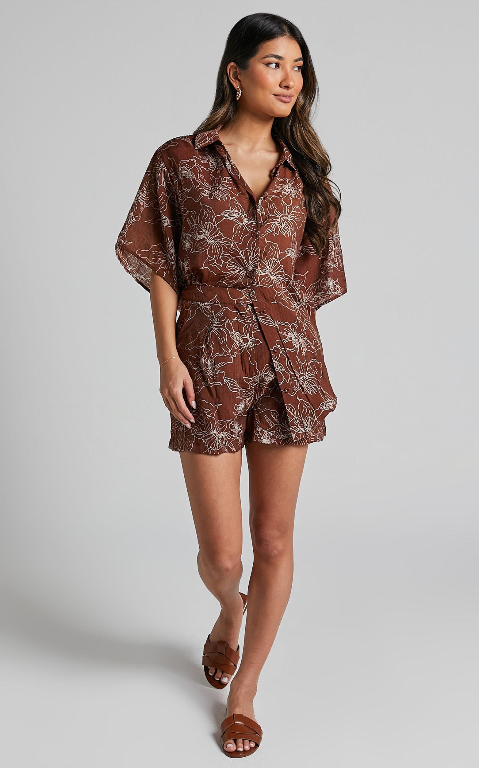 Alofi Shorts - High Waisted Tailored Soft Shorts in Brown Floral Product Image