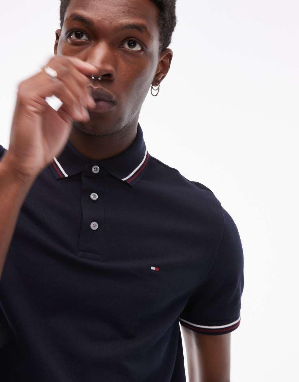 Tommy Hilfiger tipped slim fit polo shirt in navy Product Image