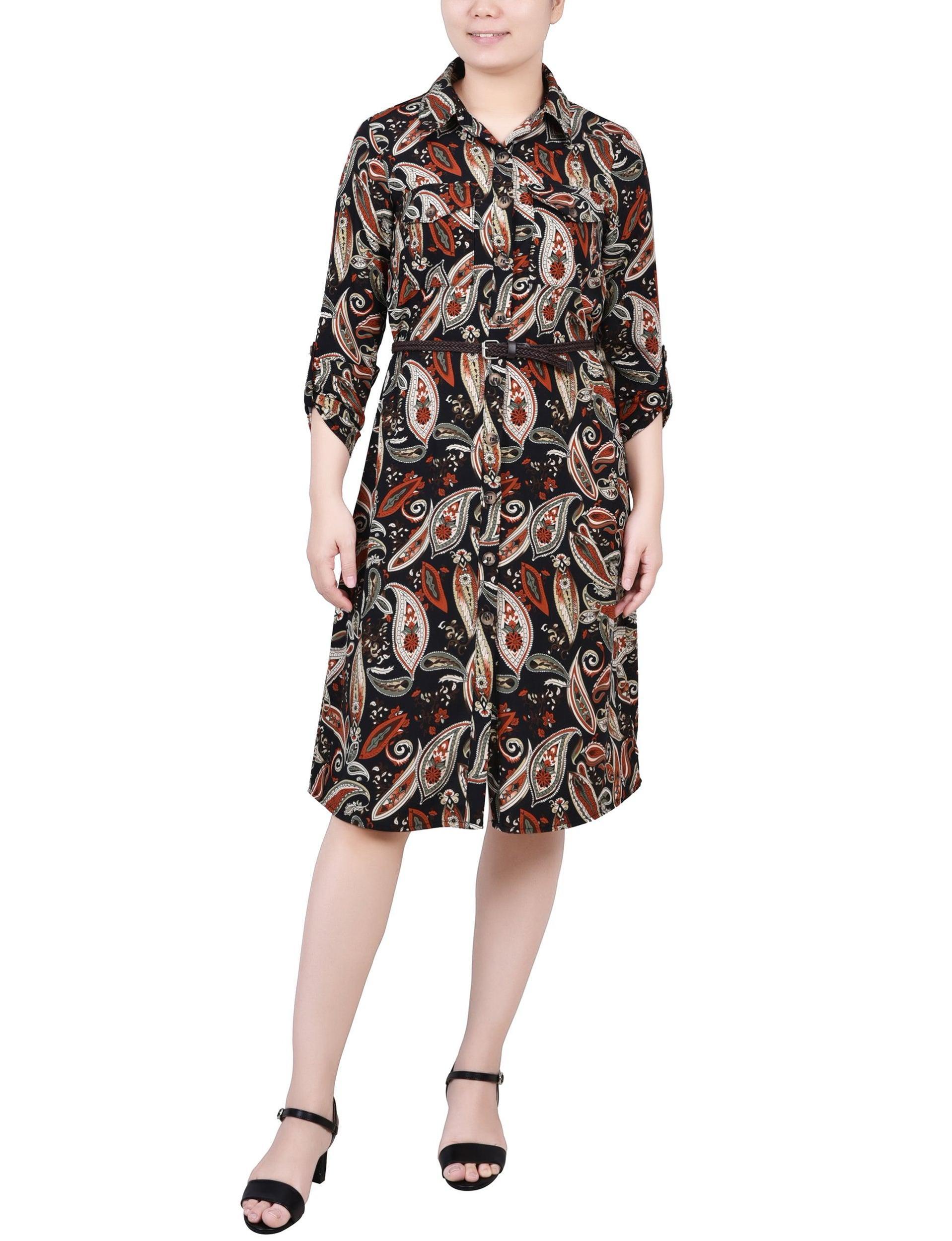 Black Paisley 3/4 Roll Tab Sleeve Shirtdress - Petite Product Image