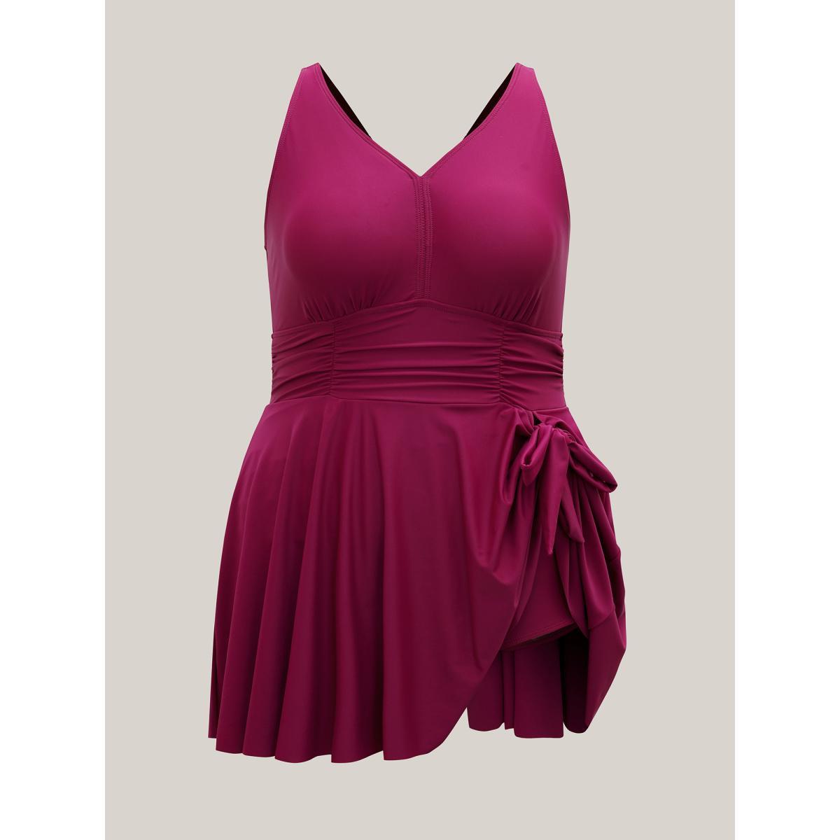 Plus Size Ruched Side-Tie Adjustable Swim Dress Women's Swimwear RedViolet Beach Bodycon U-neck High stretch Curve Swim Dresses BloomChic 12/L Product Image