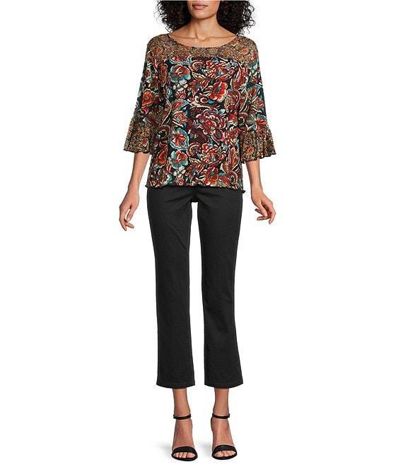 Intro Soft Mesh Graphic Jacobean Print 3/4 Romantic Sleeve Top Product Image