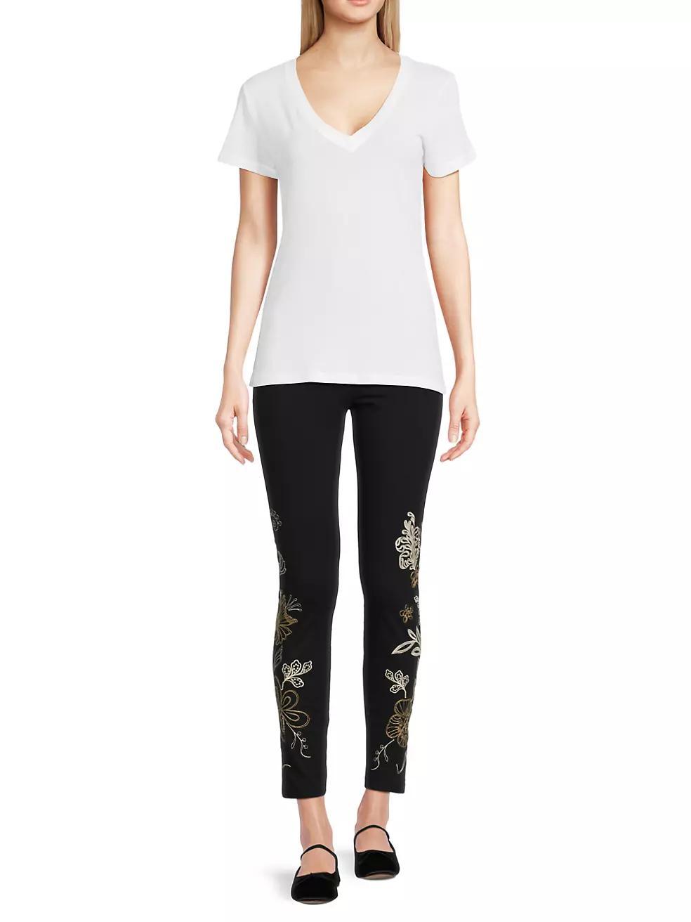Adelaide Floral-Embroidered Cotton Leggings Product Image