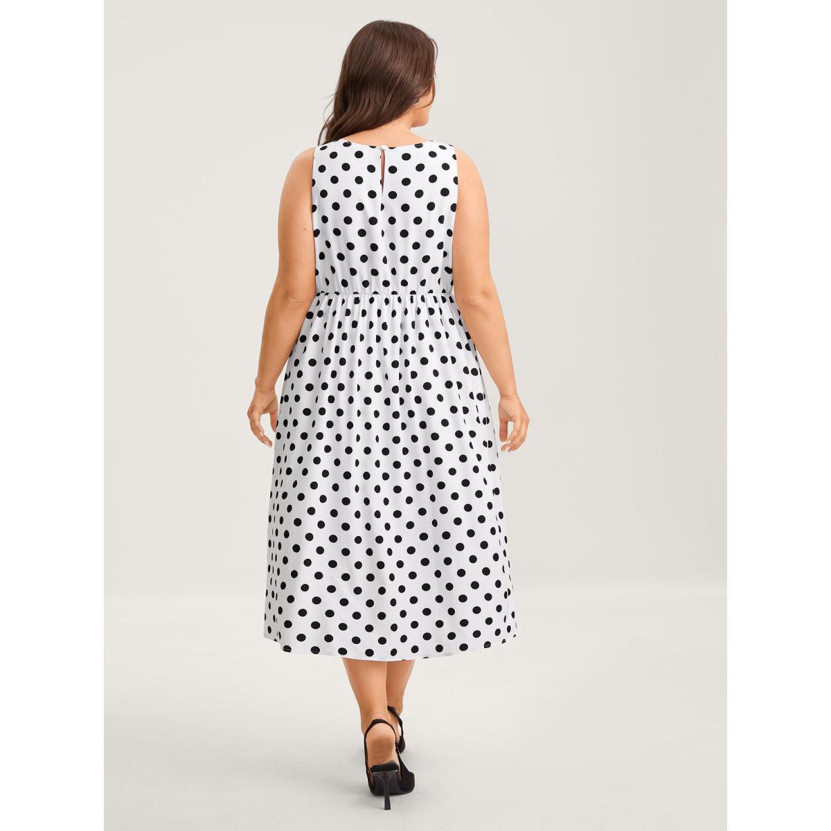Plus Size Pretty Polka Dots Drop Waist Midi Dress Ivory Women Gathered Round Neck Sleeveless Curvy BloomChic 12/L Product Image