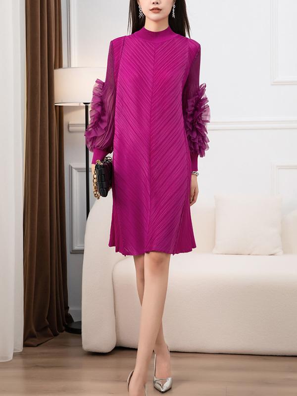 Long Sleeves Loose Embroidered Pleated Solid Color Round-Neck Midi Dresses Product Image