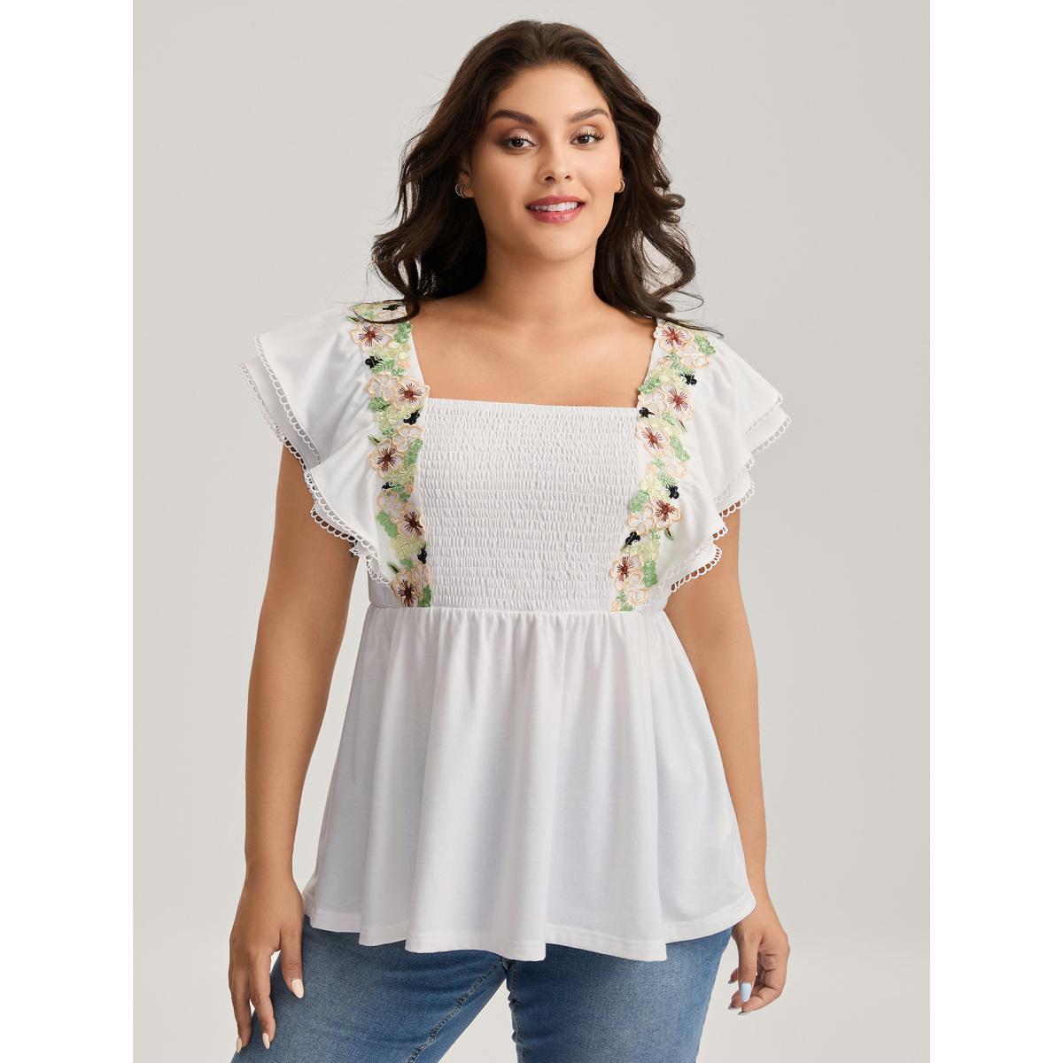 Plus Size Floral Lace Stretchy Shirred Tank Top Women WhiteSmoke Woven ribbon&lace trim Square Neck Everyday-Casual Tank Tops Camis BloomChic 10/M Product Image