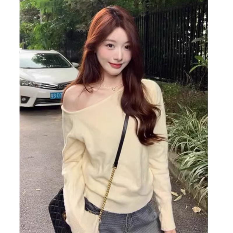 Off-Shoulder Plain Sweater Product Image