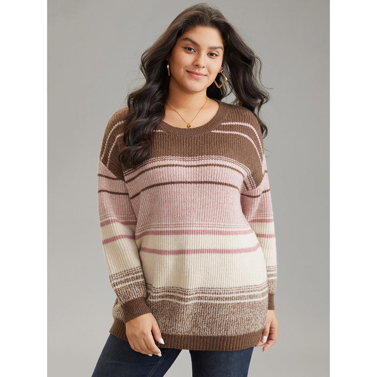 Plus Size Drop Shoulder Heather Colorblock Elastic Cuffs Pullover Multicolor Women Casual Long Sleeve Round Neck Everyday Pullovers BloomChic 18-20/2X Product Image
