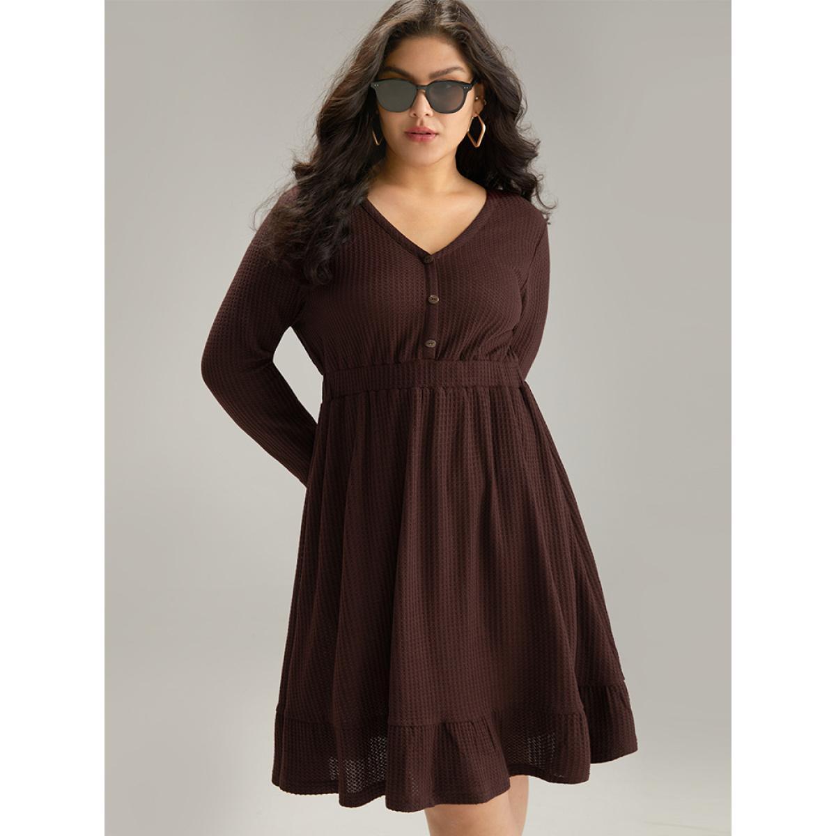Plus Size Waffle Knit Button Up Elastic Waist Dress DarkBrown Women Casual Plain V-neck Long Sleeve Curvy Knee Dress BloomChic 28/5X Product Image