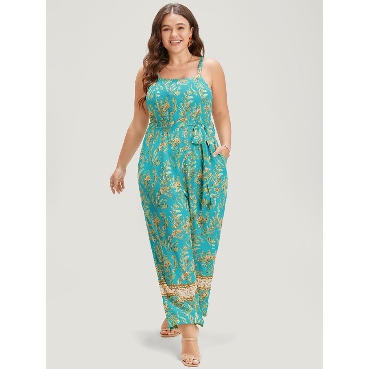 Plus Size Arctic Bandana Print Belt Pocket Spaghetti Strap Jumpsuit Women Vacation Sleeveless Spaghetti Strap Dailywear Loose Jumpsuits BloomChic 26/4X Product Image