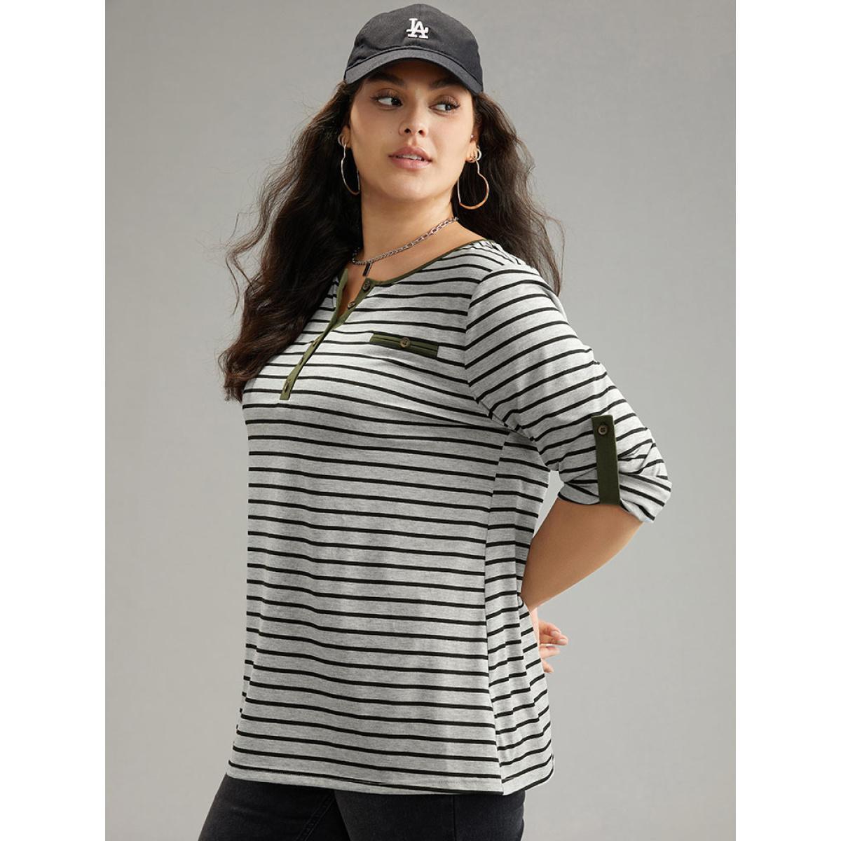 Plus Size Striped Contrast Button Up Tab Sleeve T-shirt Gray Women Casual Contrast Striped Open Front Everyday T-shirts BloomChic 28/5X Product Image