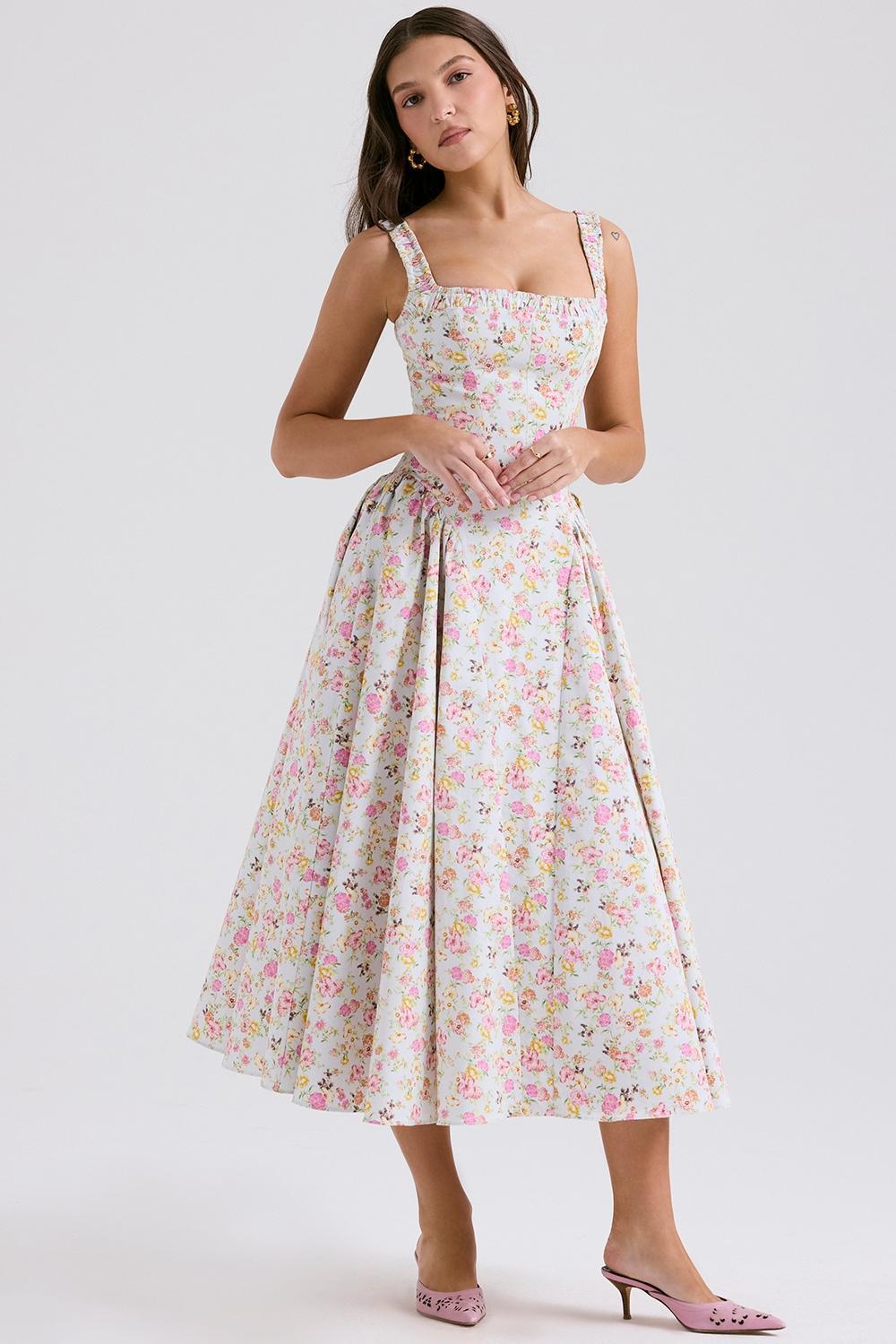Dorothy Pale Blue Meadow Print Cotton Midi Sundress Product Image