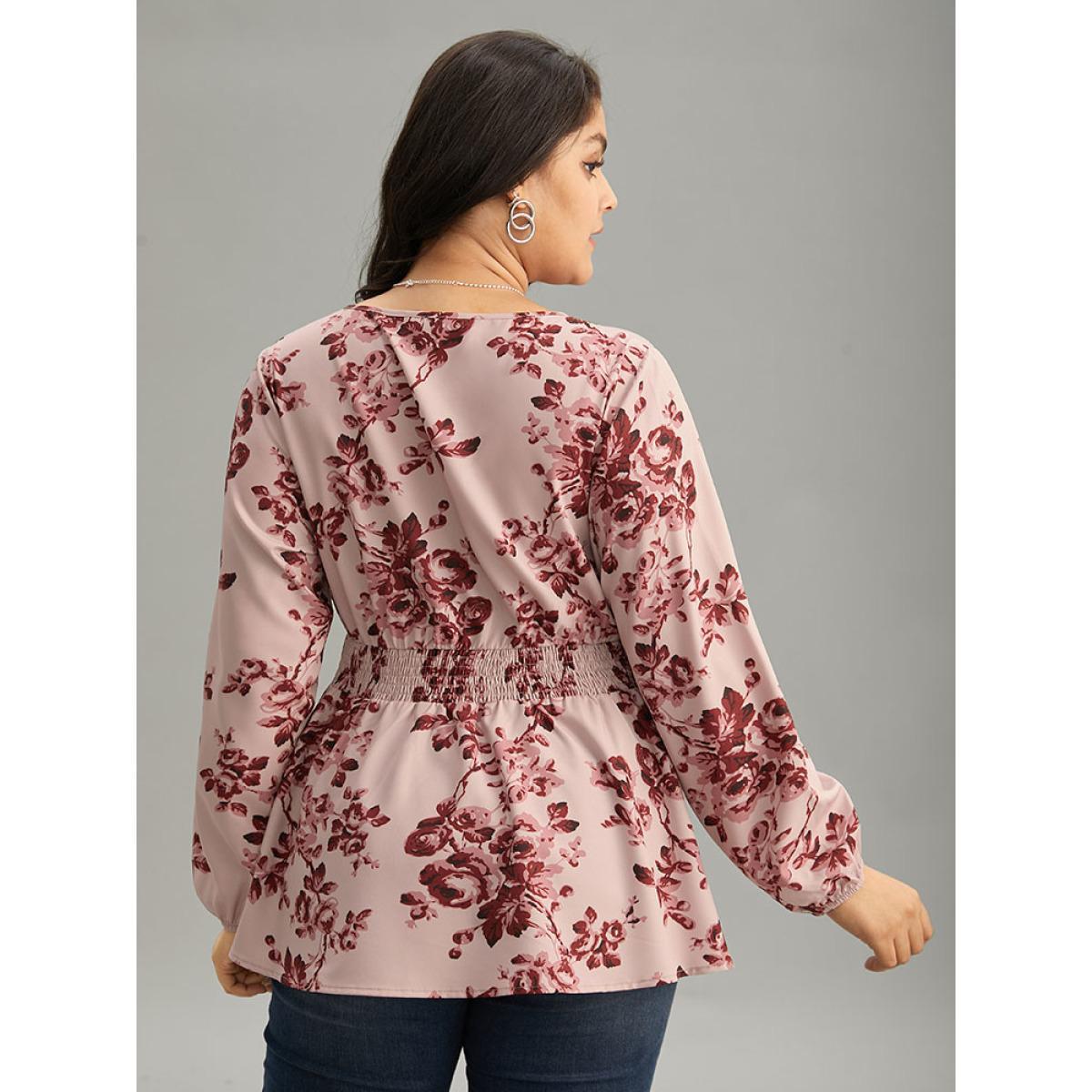 Plus Size Burgundy Floral Print Shirred Surplice Neck Blouse Women Elegant Long Sleeve Overlap Collar Everyday Blouses BloomChic 30/6X Product Image