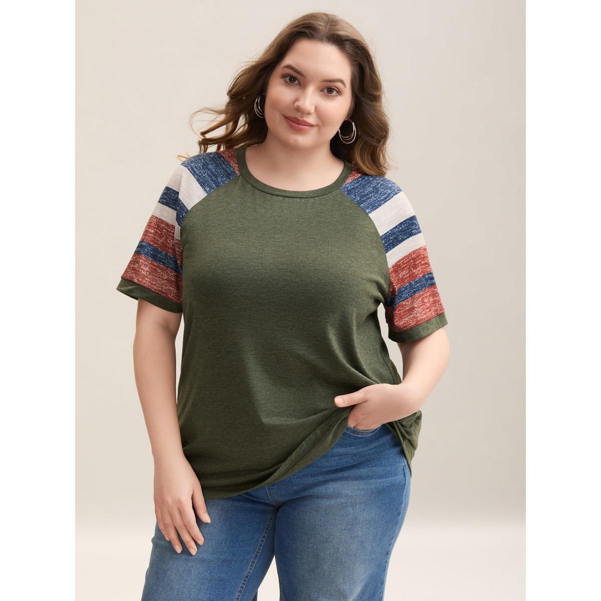 Plus Size Striped Raglan Sleeve Plain T-Shirt ArmyGreen Women Casual Contrast Round Neck Everyday-Casual T-shirts BloomChic 30/6X Product Image