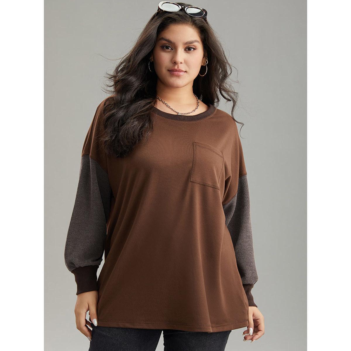 Plus Size Two Tone Patched Pocket Drop Shoulder Sweatshirt Women DarkBrown Casual Elastic cuffs Round Neck Everyday Sweatshirts BloomChic 22-24/3X Product Image