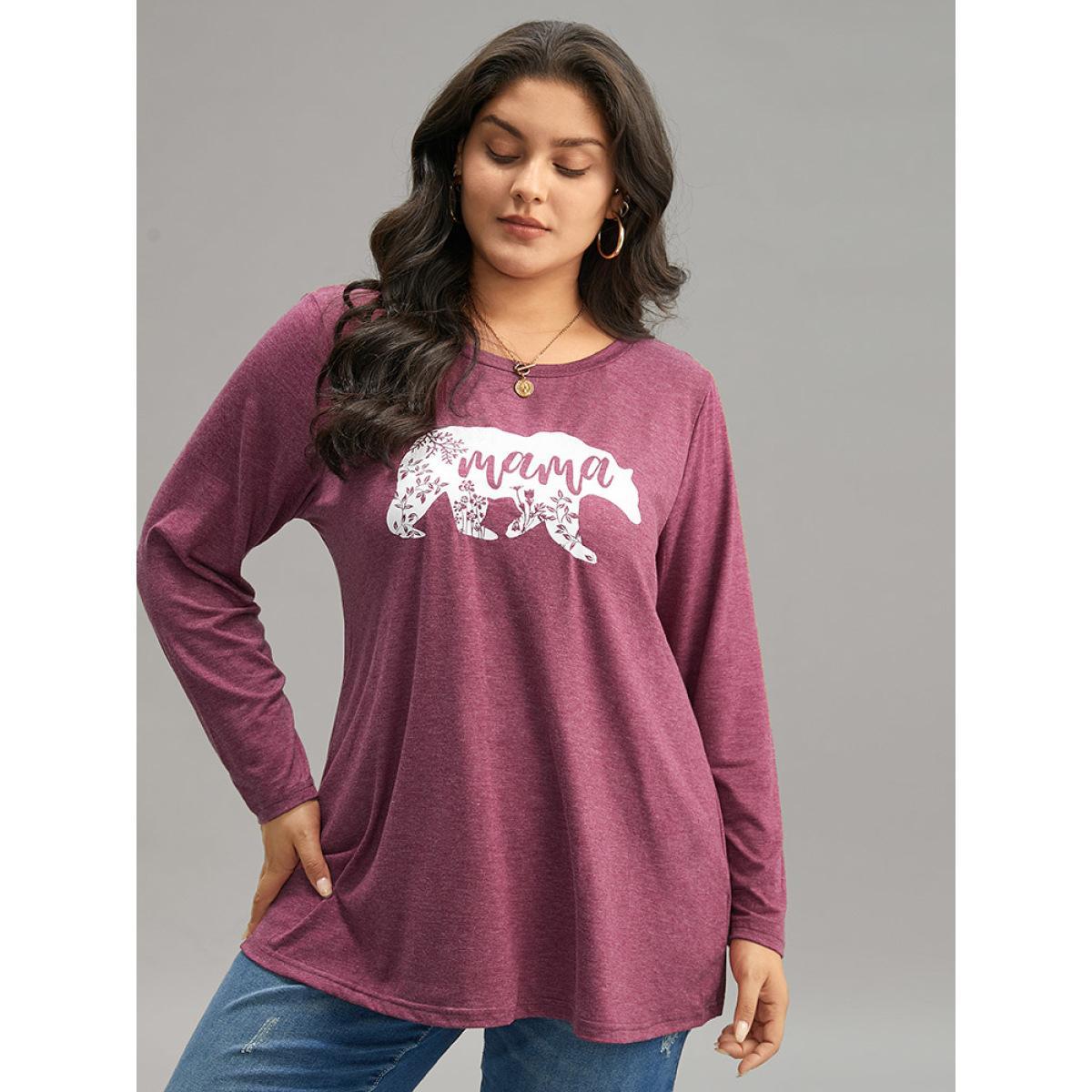 Plus Size Animal & Letter Print Round Neck T-shirt Burgundy Women Casual Printed Occupation Dailywear T-shirts BloomChic 18-20/2X Product Image