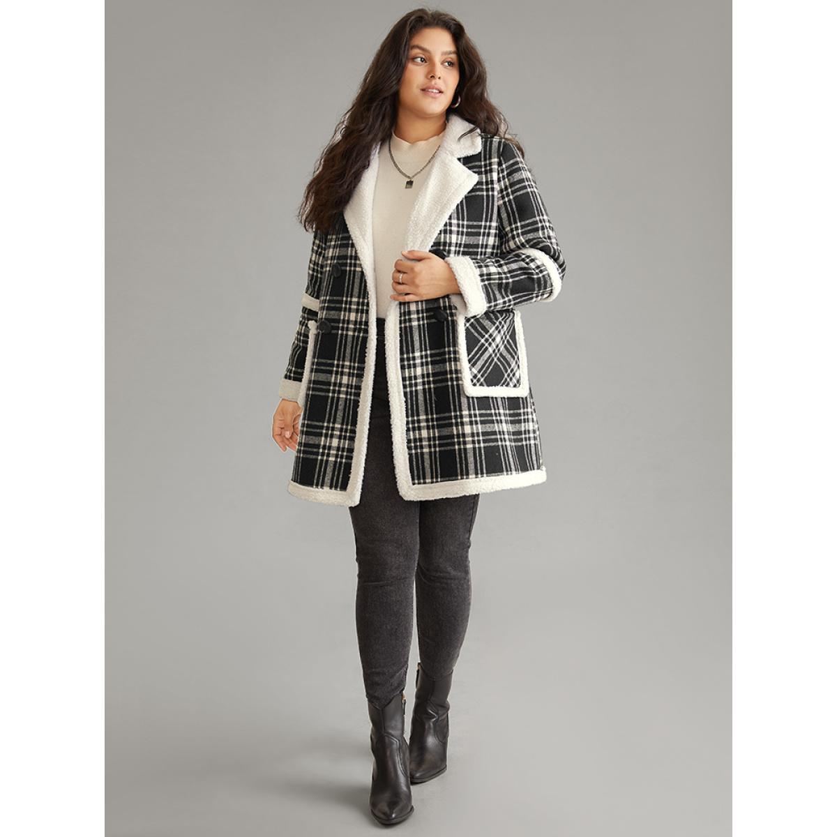 Plus Size Lapel Collar Plaid Pocket Fuzzy Trim Coat Women Black Casual Lined Ladies Dailywear Winter Coats BloomChic 12/L Product Image
