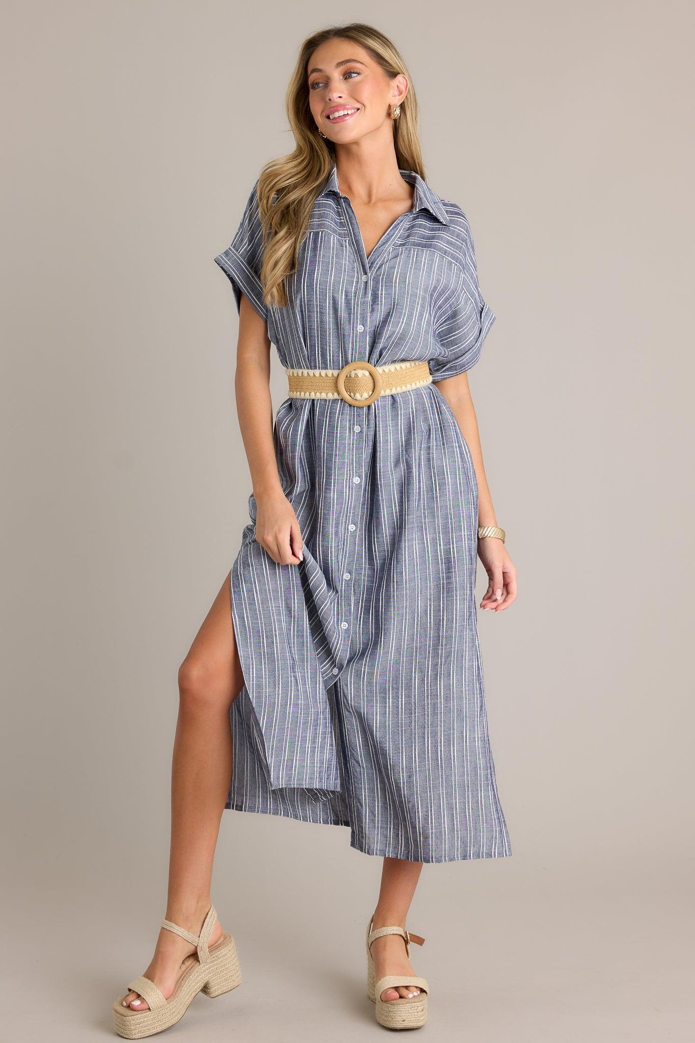 Endless Journey Blue Stripe Midi Shirt Dress Product Image