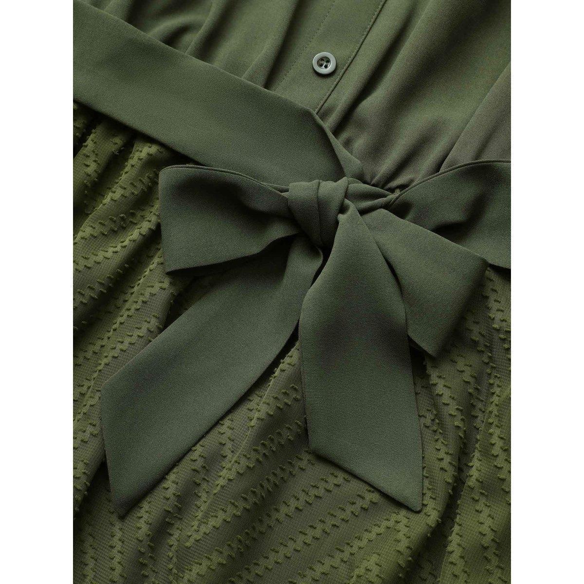 Plus Size Plain Texture Mesh Belted Asymmetrical Hem Dress ArmyGreen Women At the Office Texture Shirt collar Short sleeve Curvy Midi Dress BloomChic 28/5X Product Image