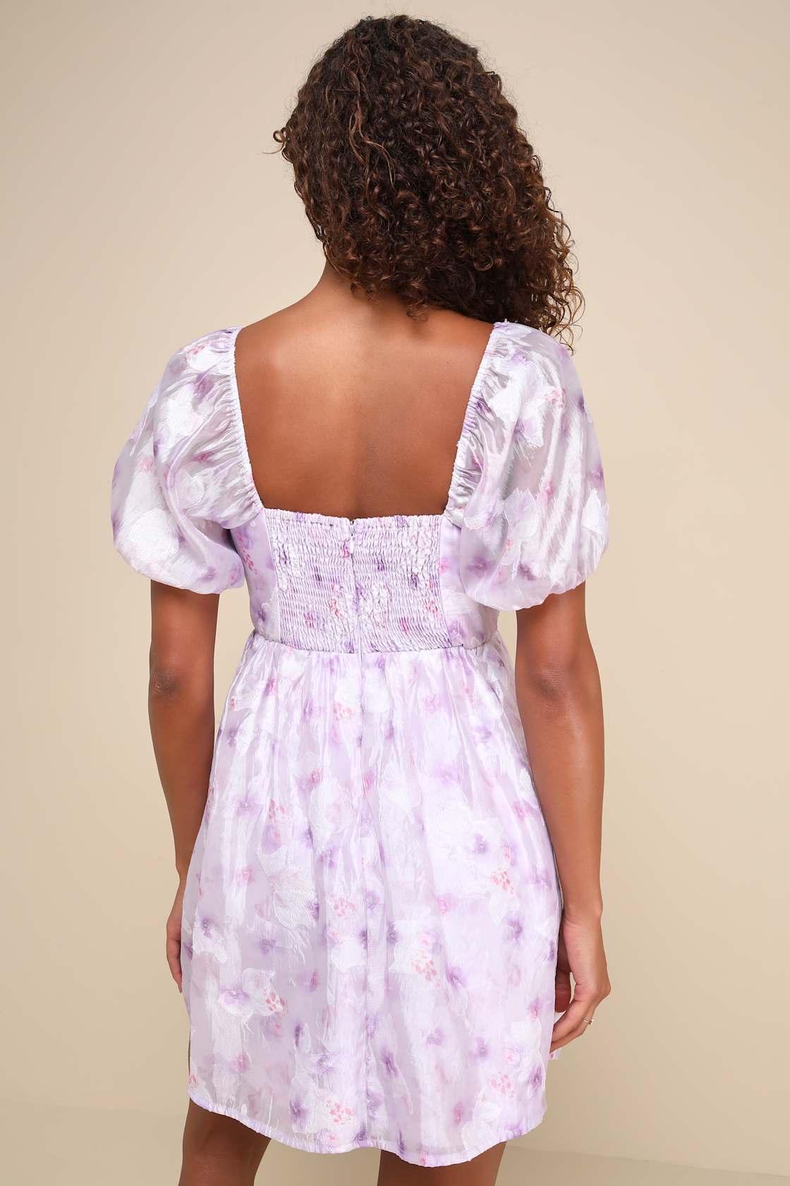 Darling Behavior Lavender Floral Burnout Puff Sleeve Mini Dress Product Image