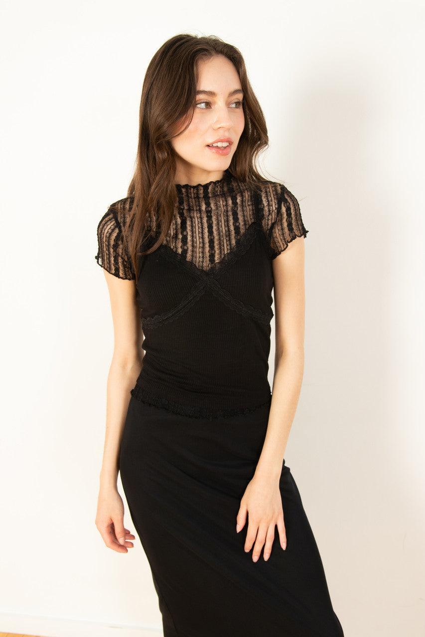 Black Lace Tee With Cami Set Product Image