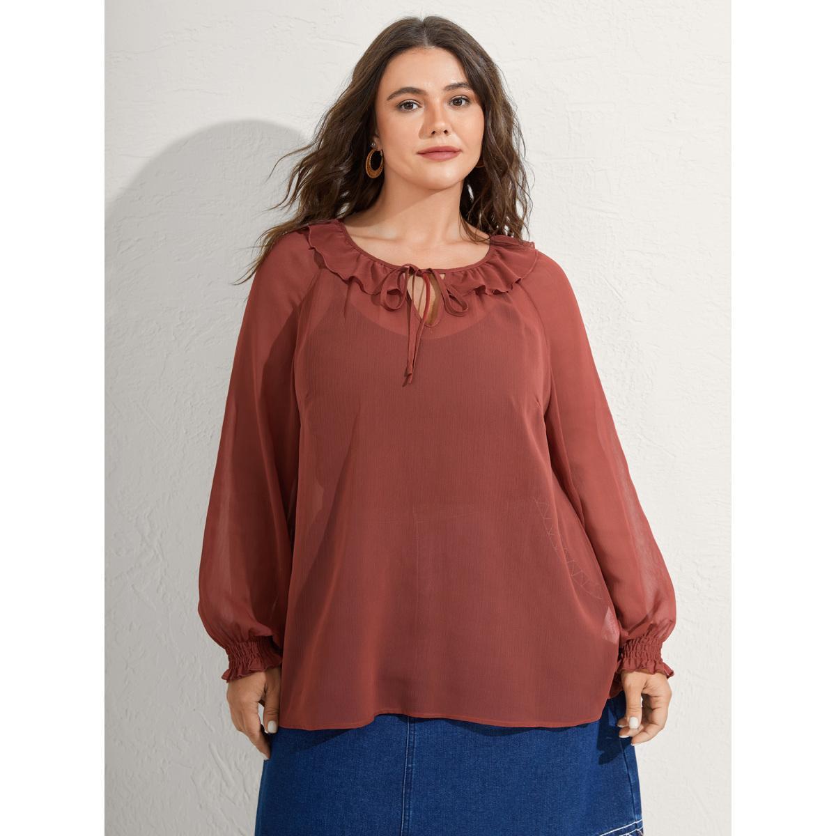 Plus Size Rust Sheer Ruffled Neck Flowy Solid Blouse Women Extra Long Sleeve Notched collar Vacation Blouses BloomChic 14-16/1X Product Image
