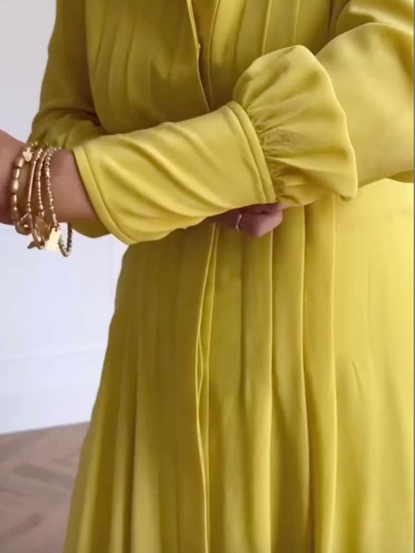 A-Line Long Sleeves Buttoned Pleated Pockets Solid Color Tied Waist V-Neck Maxi Dresses Product Image
