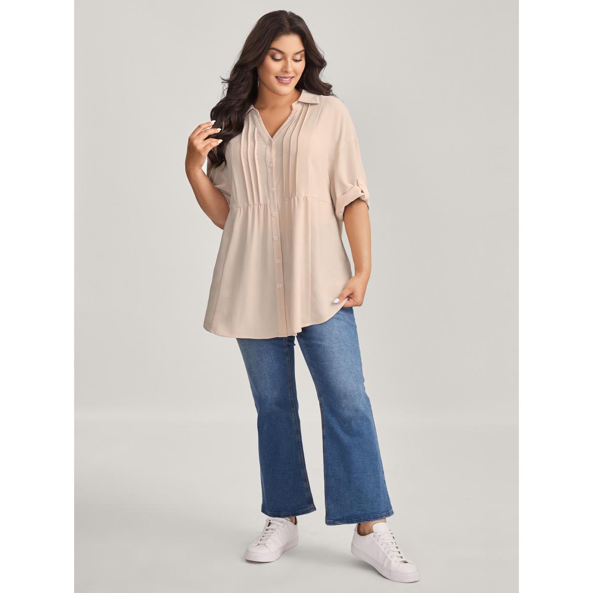 Plus Size Apricot Toothpick Pleats Tab Sleeve Long Blouse Women Elbow-length sleeve Shirt collar Everyday-Casual Blouses BloomChic 22-24/3X Product Image