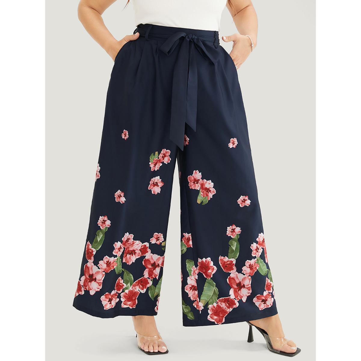 Plus Size Floral Wide Leg Pocket Pleated Detail Belt Pants Women Midnight Elegant Mid Rise Dailywear Pants BloomChic 18-20/2X Product Image