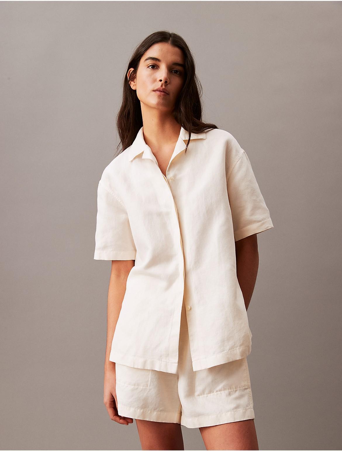 Calvin Klein Womens Linen Blend Camp Button-Down Shirt - Blue - XS Product Image