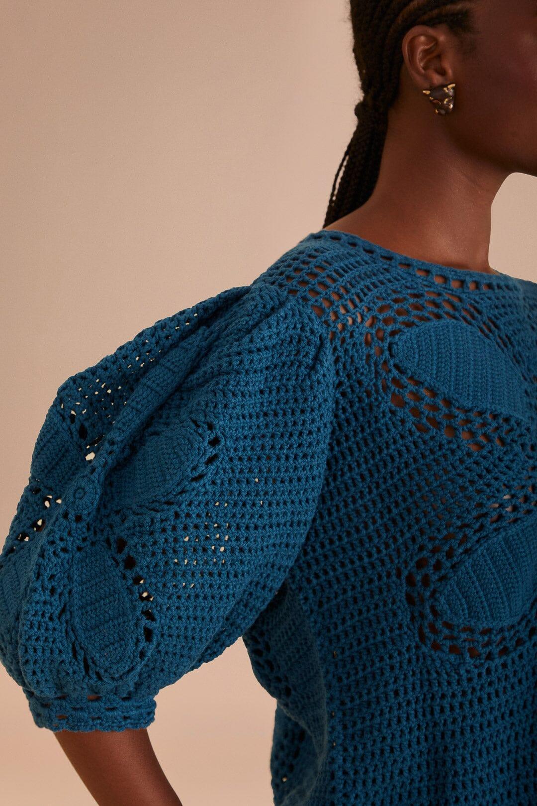 Teal Flower Draw Crochet Blouse Product Image