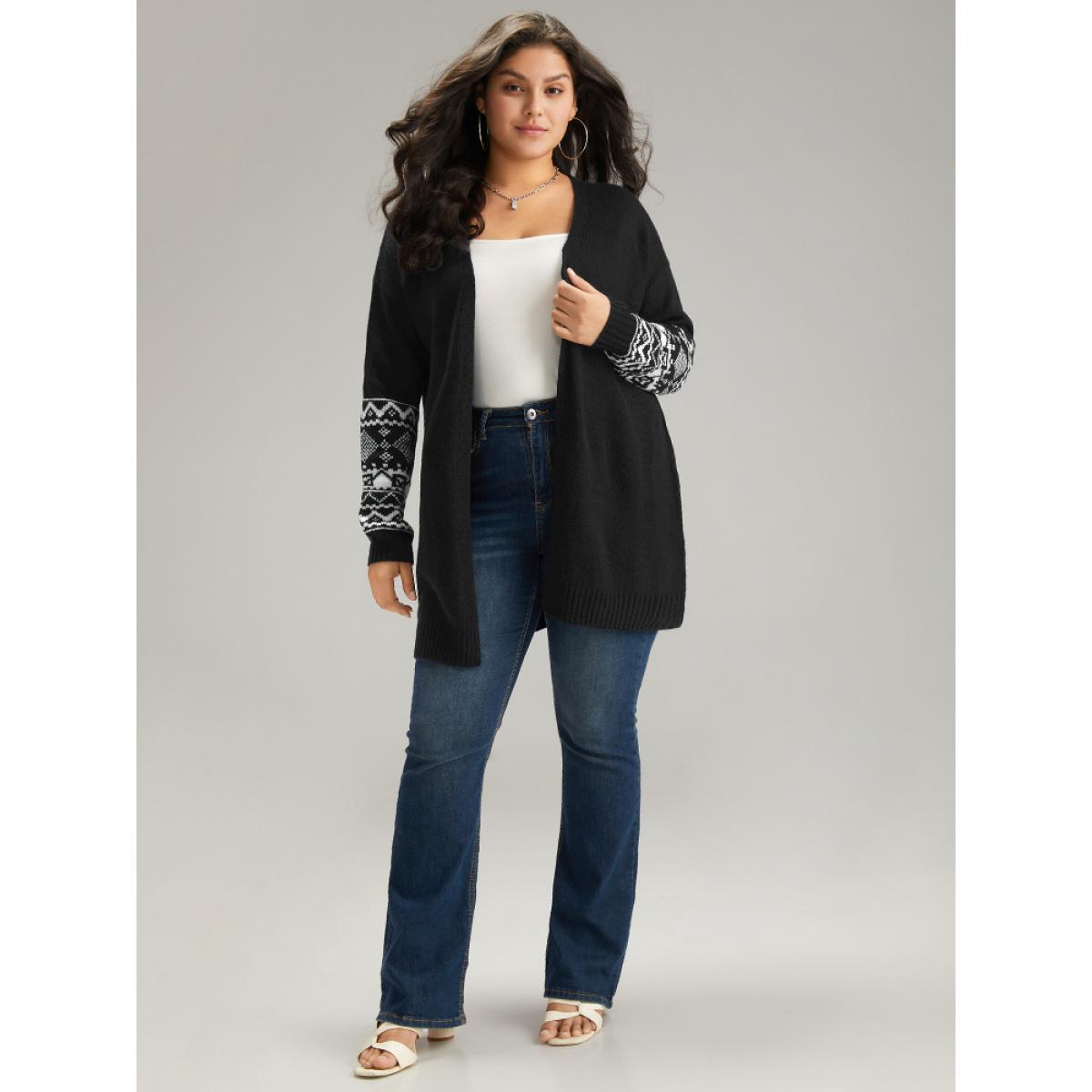 Plus Size Geometric Graphic Open Front Tunic Cardigan Black Women Casual Loose Long Sleeve Dailywear Cardigans BloomChic 18-20/2X Product Image