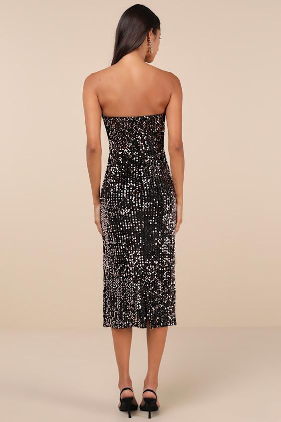 Extravagant Vibes Black and Bronze Velvet Sequin Midi Dress Product Image