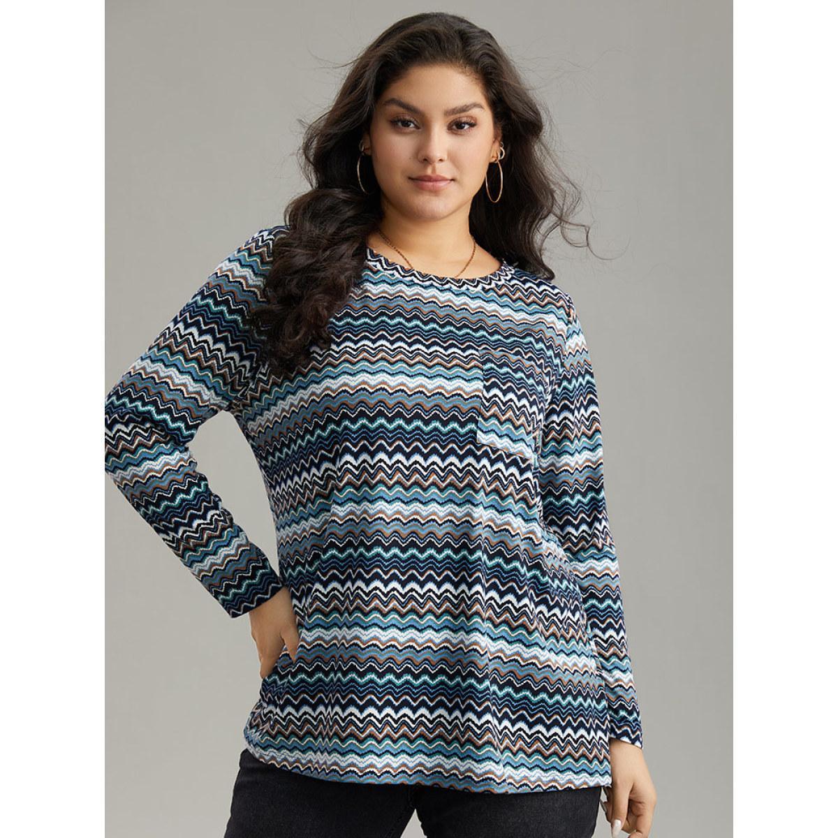 Plus Size Contrast Wave Striped Patched Pocket T-shirt Multicolor Women Casual Printed Geometric Round Neck Dailywear T-shirts BloomChic 22-24/3X Product Image