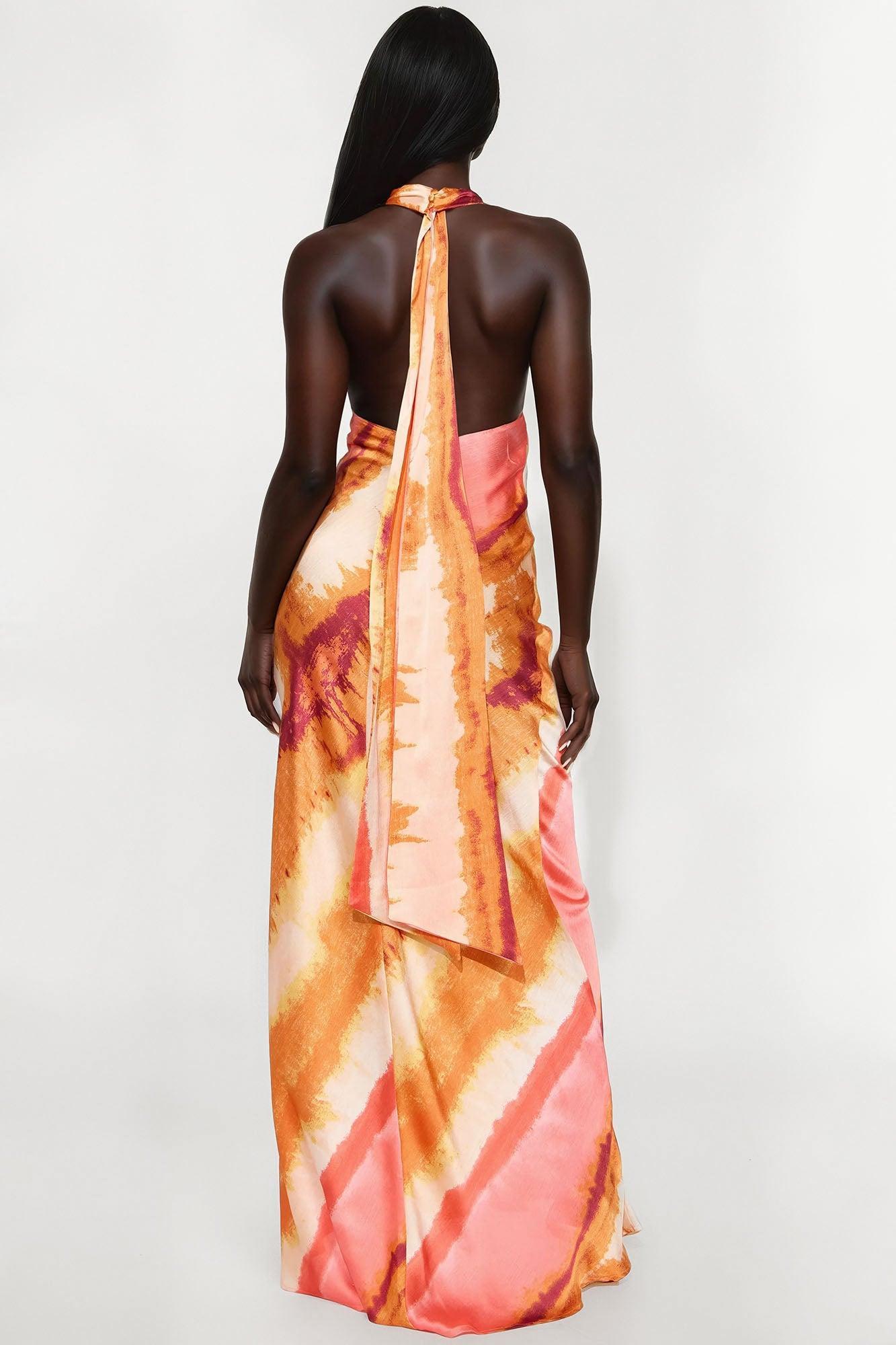 Sunset Hills Backless Satin Maxi Dress - Orange/combo Product Image