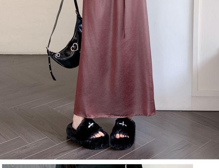 Drawstring Waist Plain Faux Leather Midi A-Line Skirt Product Image