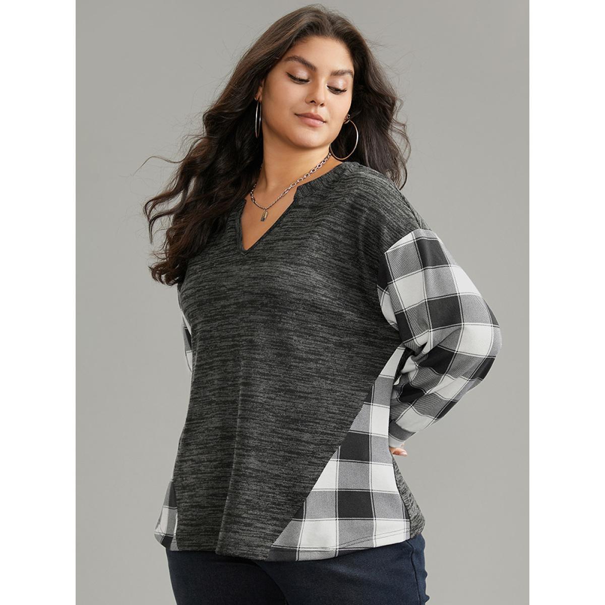 Plus Size Plaid Patchwork Heather Notched Sweatshirt Women Black Casual Contrast Notched collar Dailywear Sweatshirts BloomChic 12/L Product Image