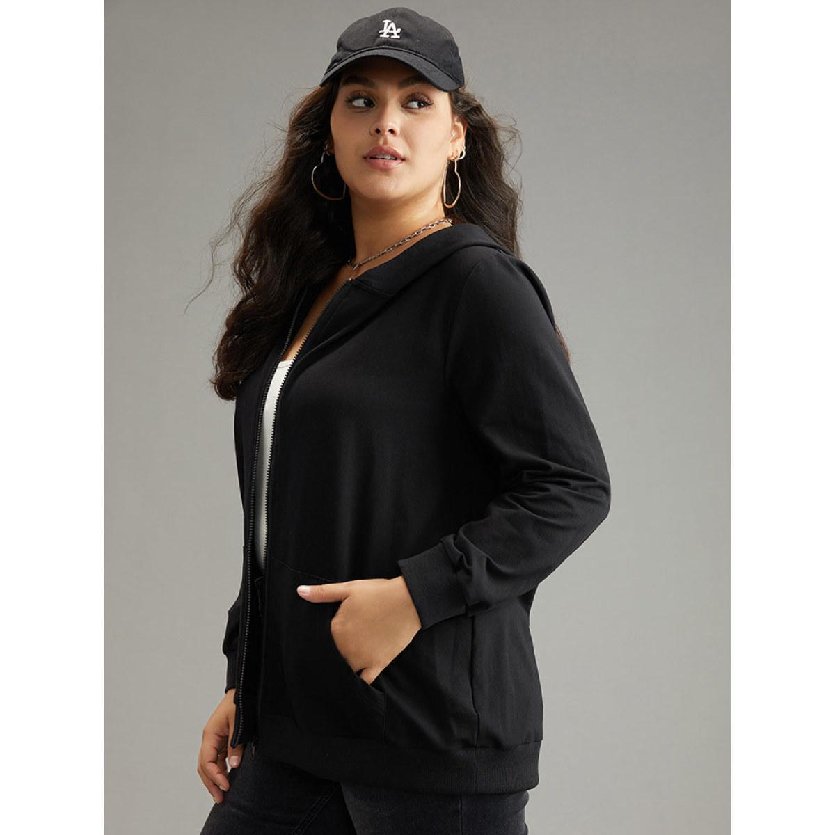 Plus Size Cotton Solid Pocket Hooded Sweatshirt Women Black Casual Elastic cuffs Hooded Dailywear Sweatshirts BloomChic 12/L Product Image