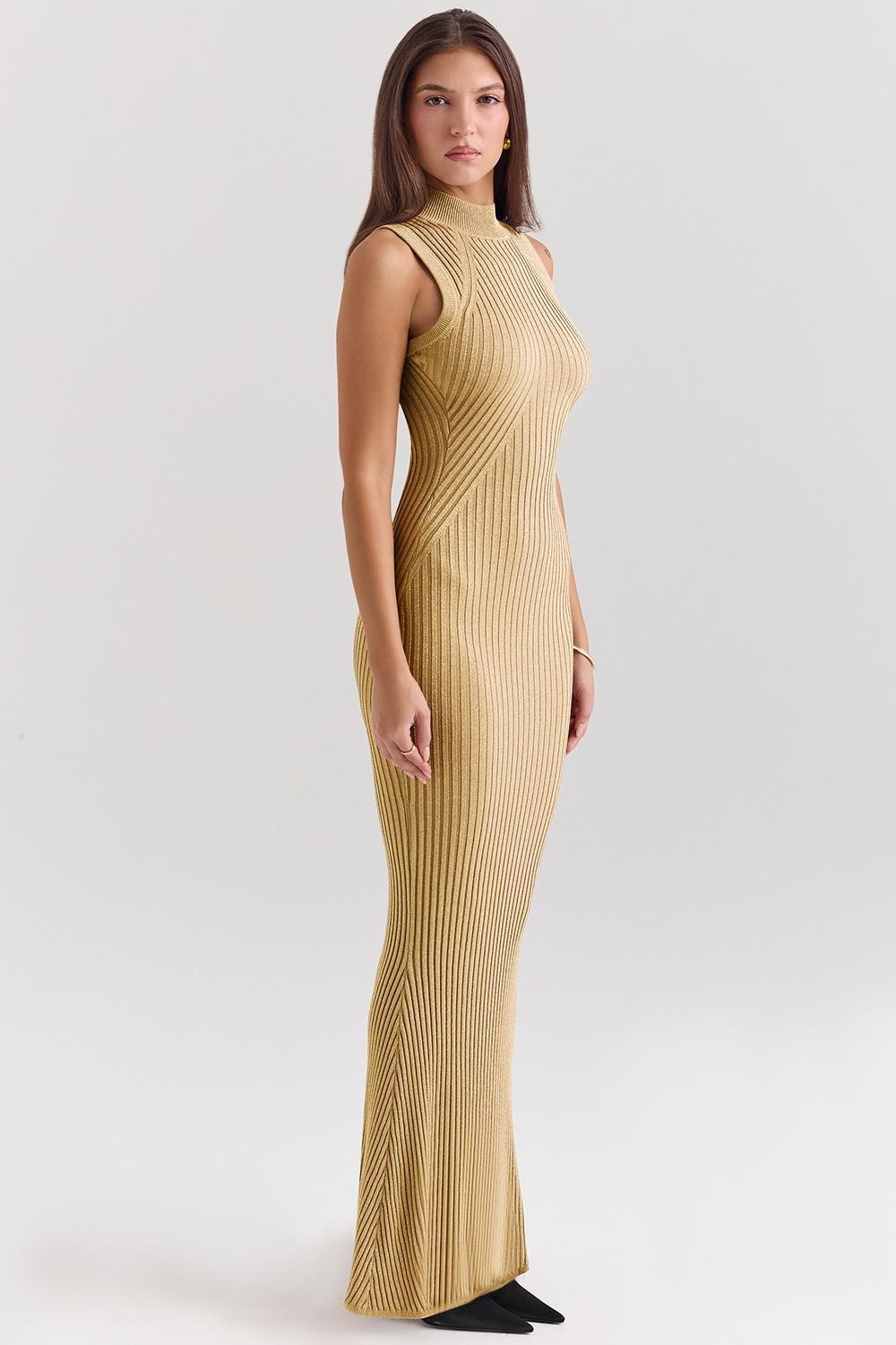 Emmie  gold metallic ribbed maxi dress Product Image