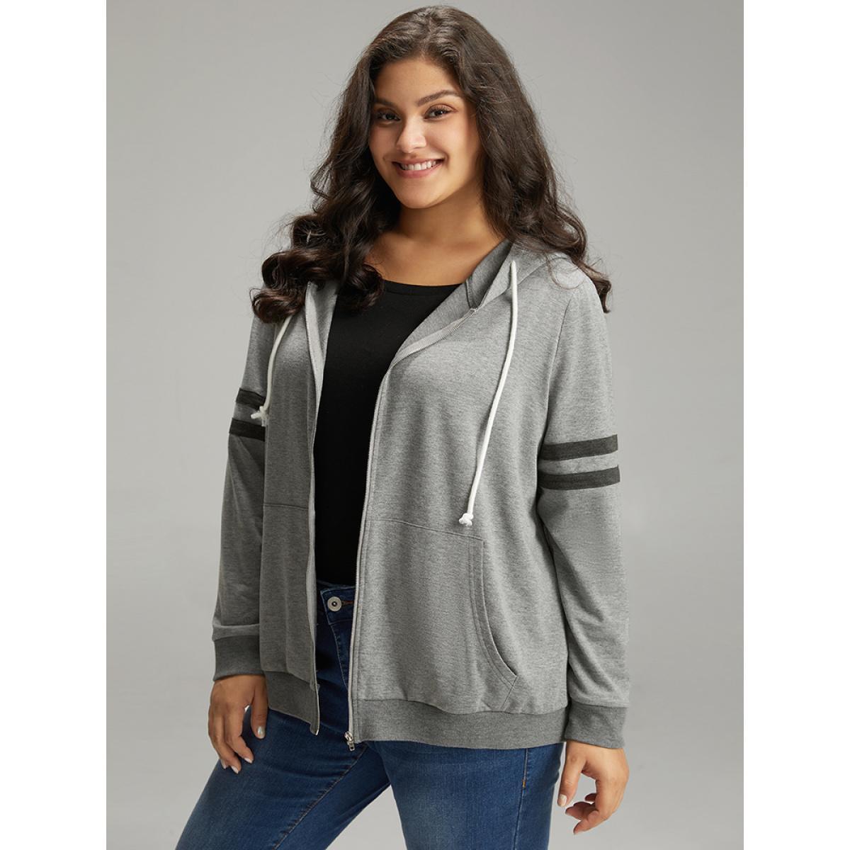 Plus Size Striped Hooded Pocket Zipper Fly Sweatshirt Women Gray Casual Elastic cuffs Hooded Dailywear Sweatshirts BloomChic 14-16/1X Product Image