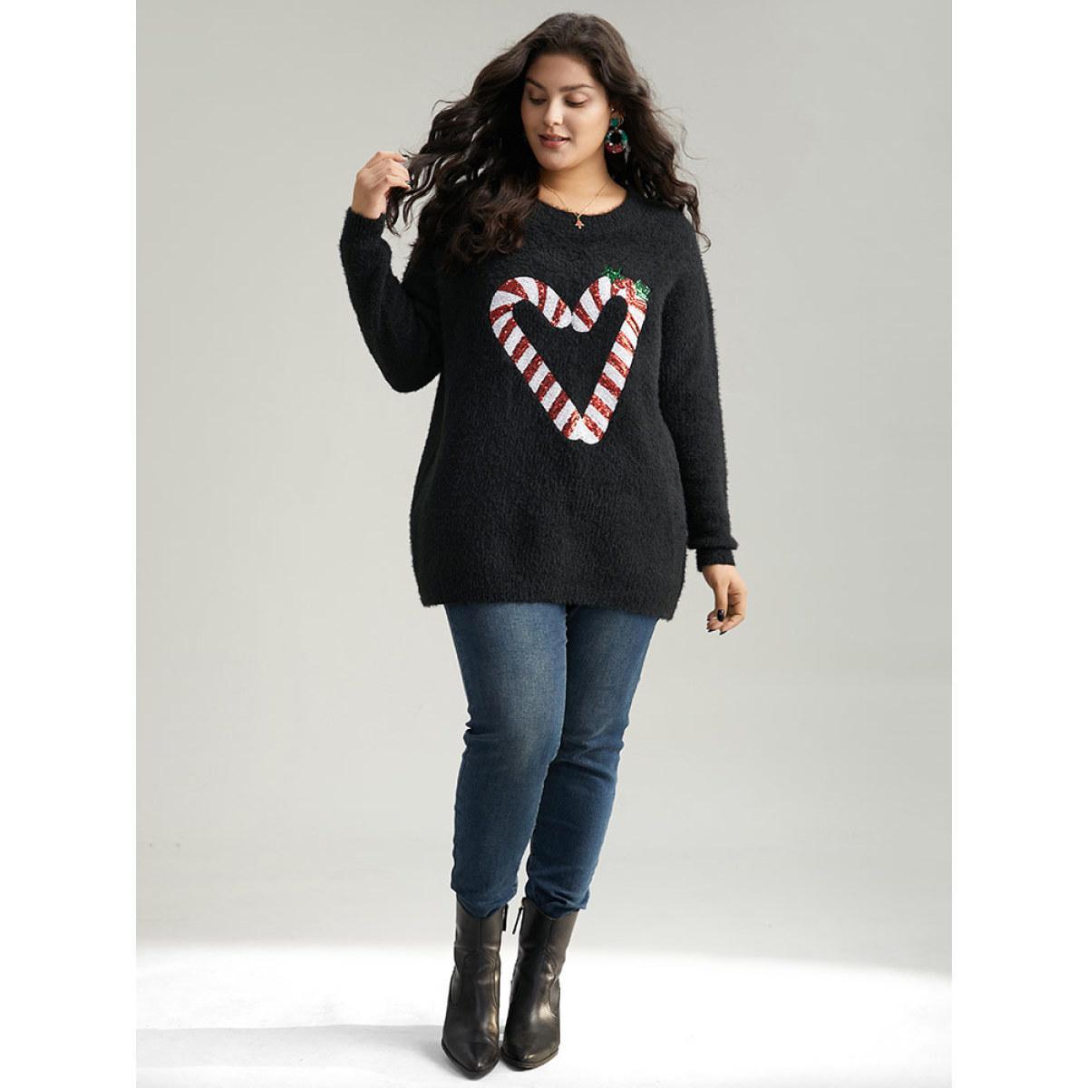 Plus Size Sequin Christmas Heart Graphic Pullover Black Women Casual Loose Long Sleeve Round Neck Festival-Christmas Pullovers BloomChic 30/6X Product Image