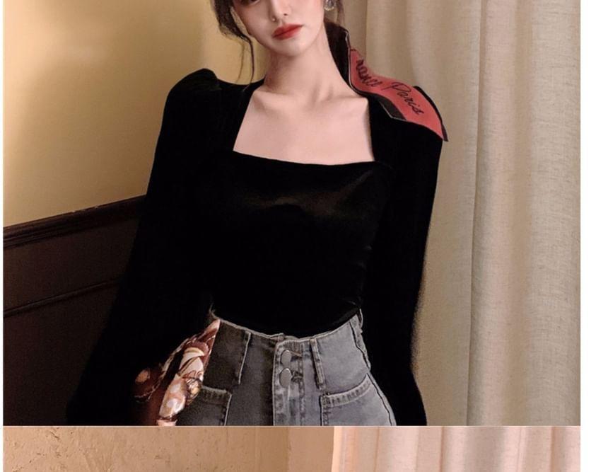 Long-Sleeve Square Neck Plain Velvet Slim Fit Top Product Image