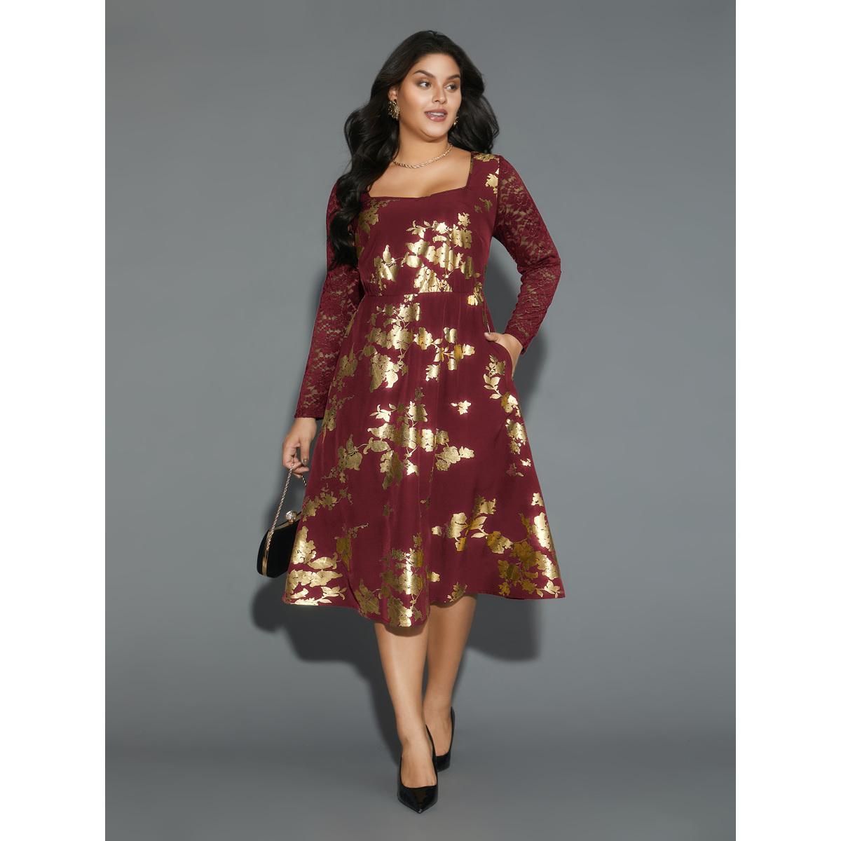 Plus Size Glitter Floral Crochet Lace Mesh Dress Burgundy Women Cocktail Woven ribbon&lace trim Party Curvy Bloomchic 12/L Product Image