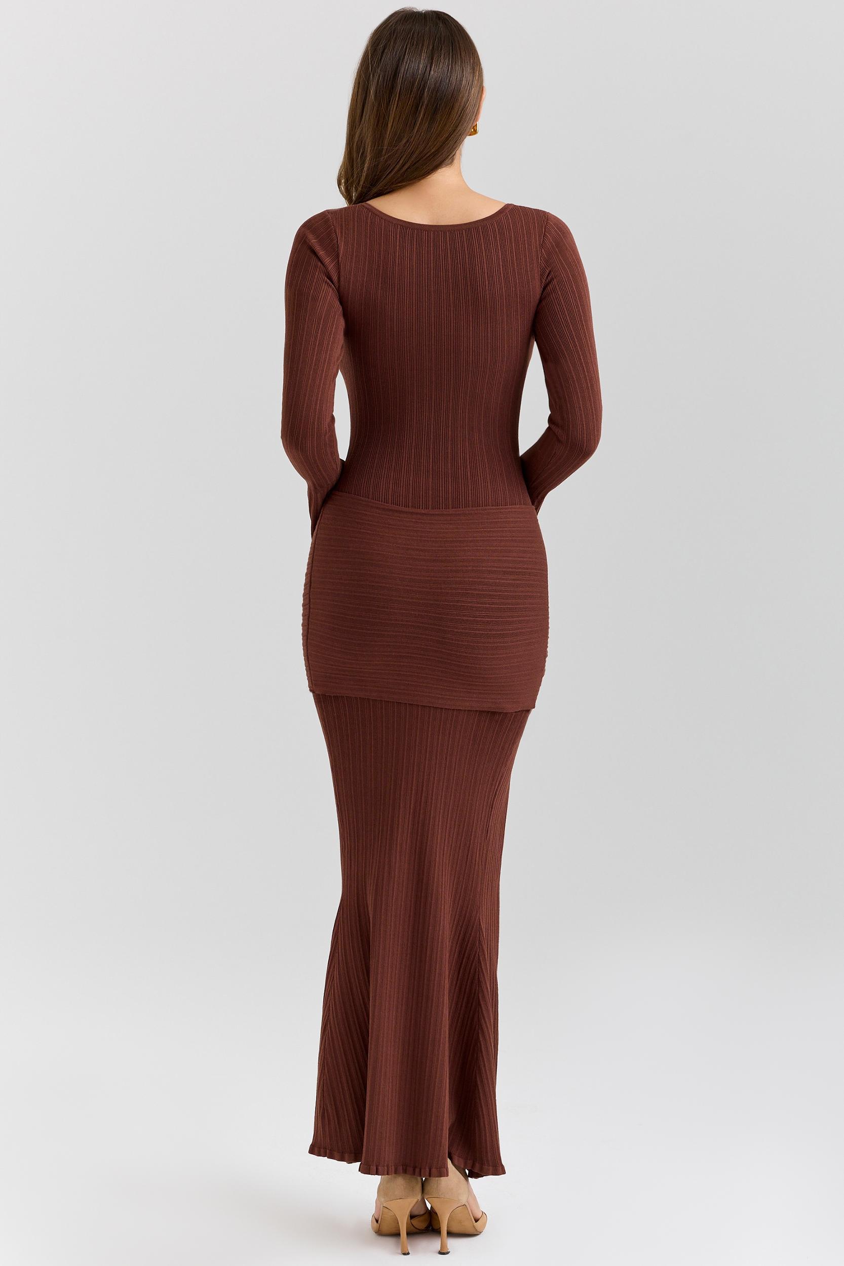 Khrysta  chocolate brown draped summer knit maxi dress Product Image