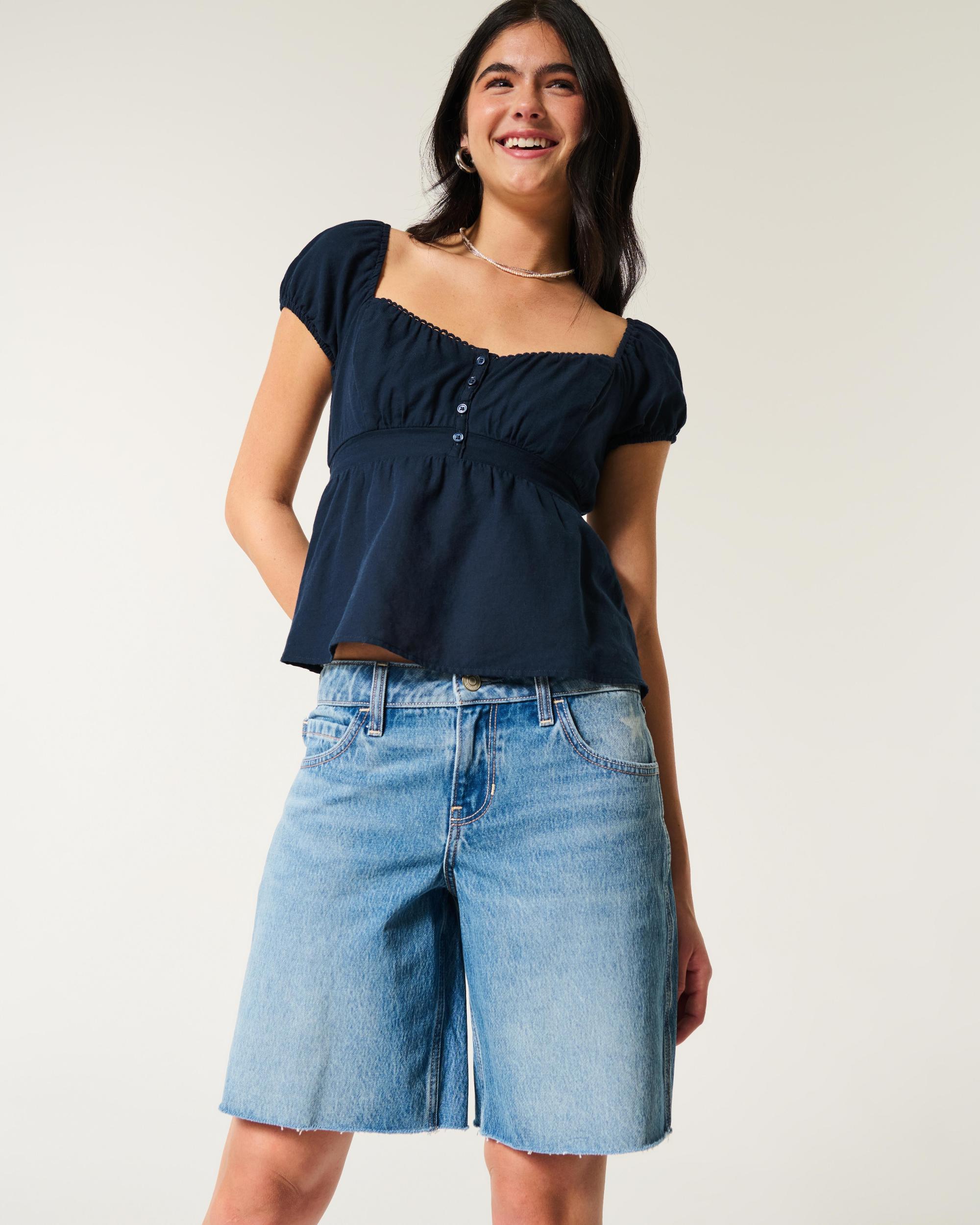 Low-Rise Medium Wash Number Graphic Baggy Jort Product Image