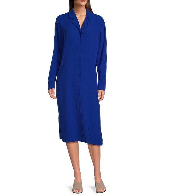 Eileen Fisher Silk Georgette Crepe Notch Collar Long Sleeve Button Front Dress Product Image