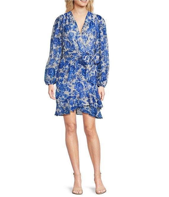 Alex Marie Laurel V-Neck Long Sleeve Printed Chiffon Dress Product Image