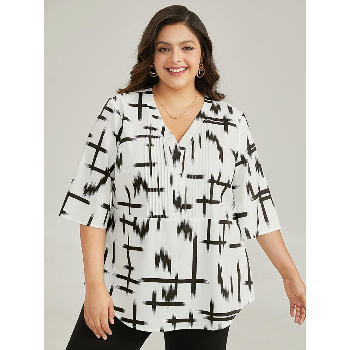 Plus Size Ivory Brush Print V Neck Pleated Ruffles Button Up Blouse Women Office Half Sleeve V-neck Work Blouses BloomChic 10/M Product Image