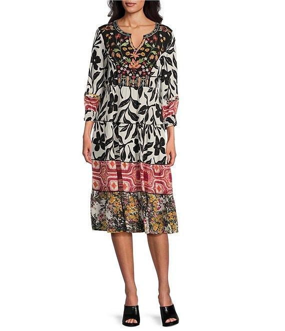 John Mark Mixed Print Y-Neck Button-Cuff 3/4 Sleeve Tiered Dress Product Image