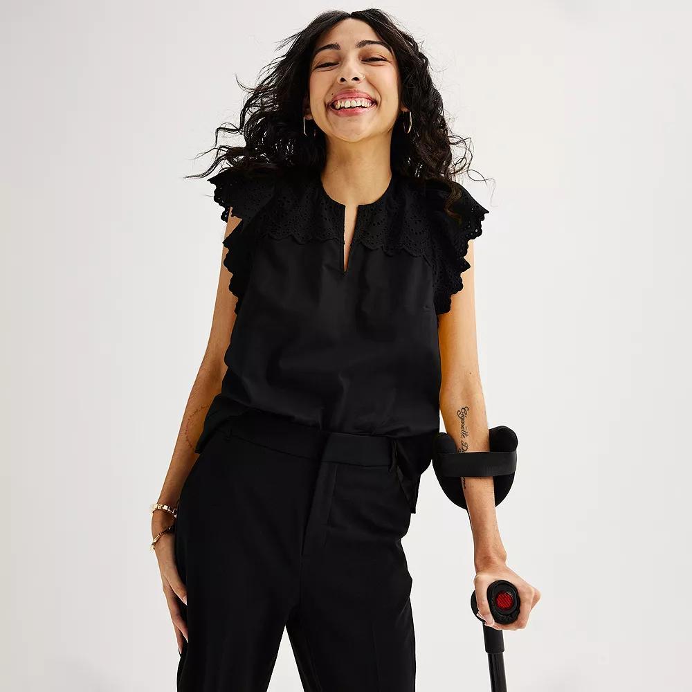 Women's Nine West Adaptive Easy Dressing Lacey Flutter Sleeve Top, Size: XS, Mineral Black Product Image